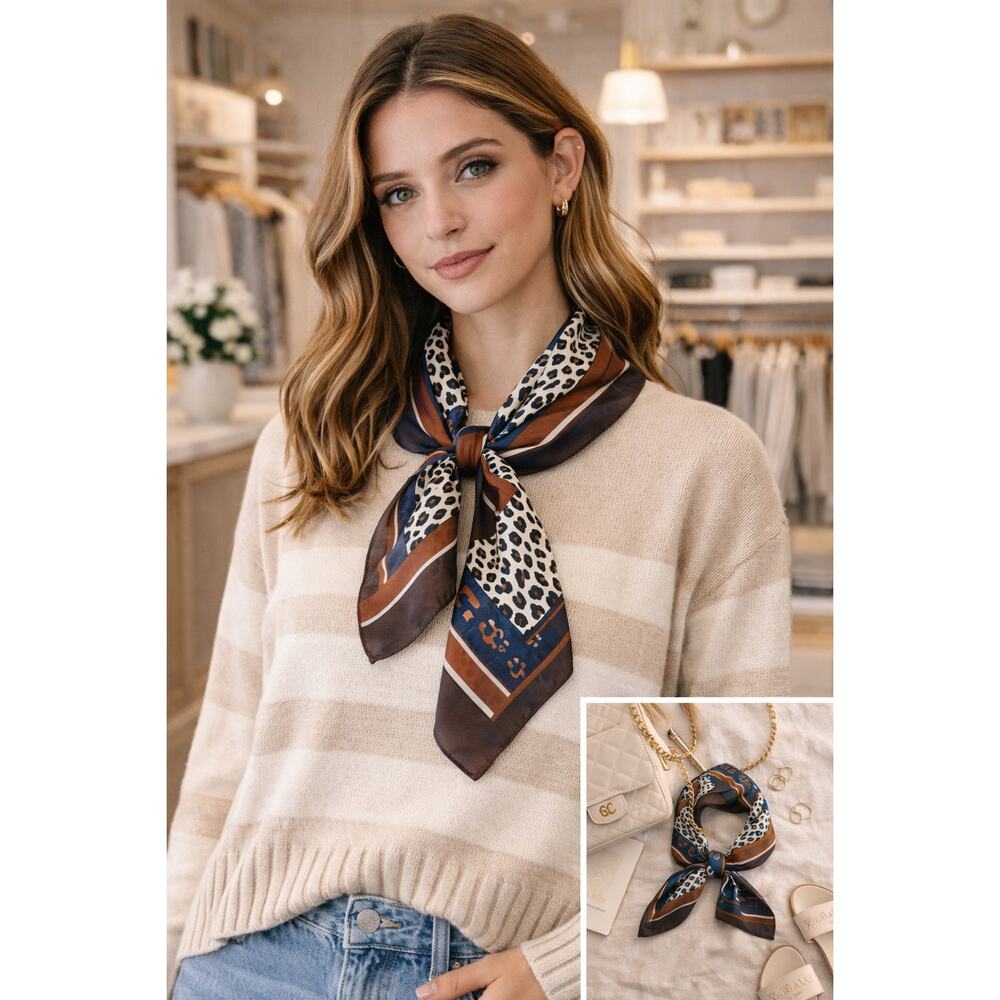 Emilene & Me Luxury Satin Square Scarf Leopard Geometric Print New